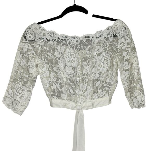Vintage 50s Lace Sheer Wedding Crop Top Button Down Back Waist Bow Size S - Picture 1 of 7